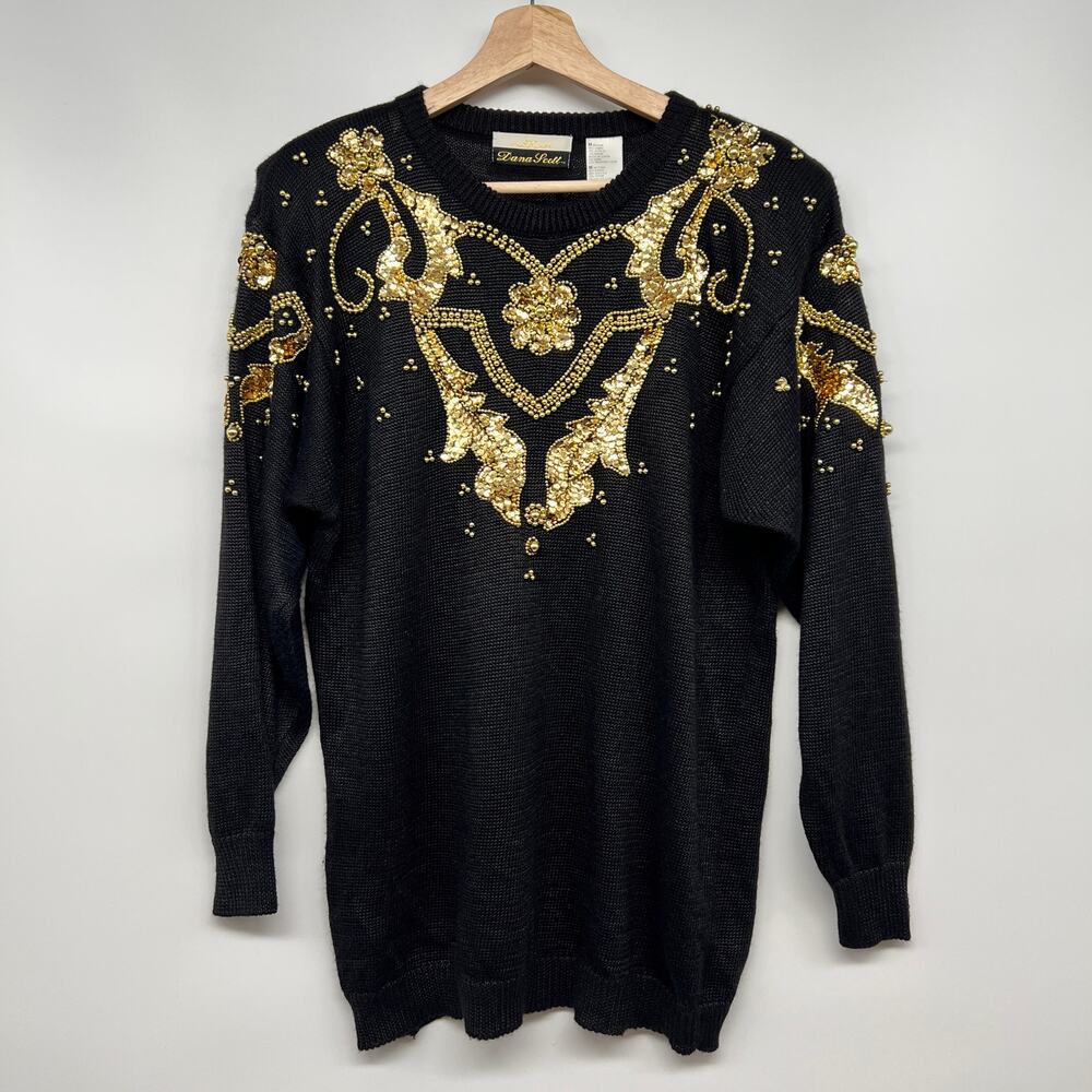 Vintage Dana Scott Beaded Sweater Womens Medium Black Gold Embellished Sequin